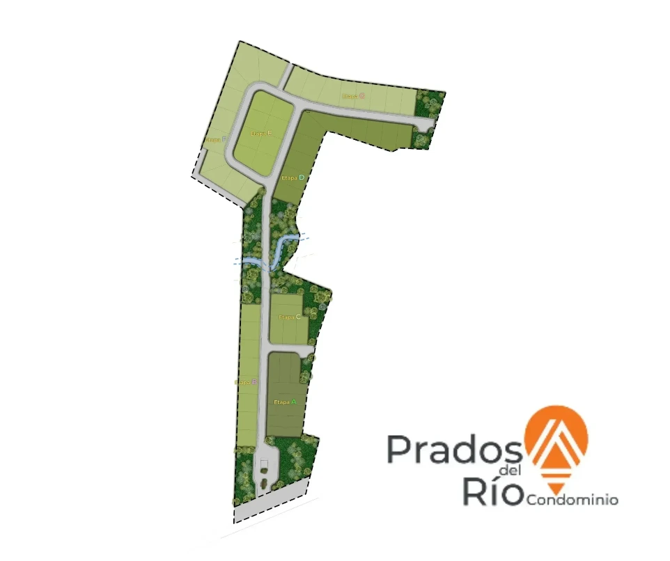 Plano maestro detallado del Condominio Prados del Río, dividido por etapas y con áreas verdes.