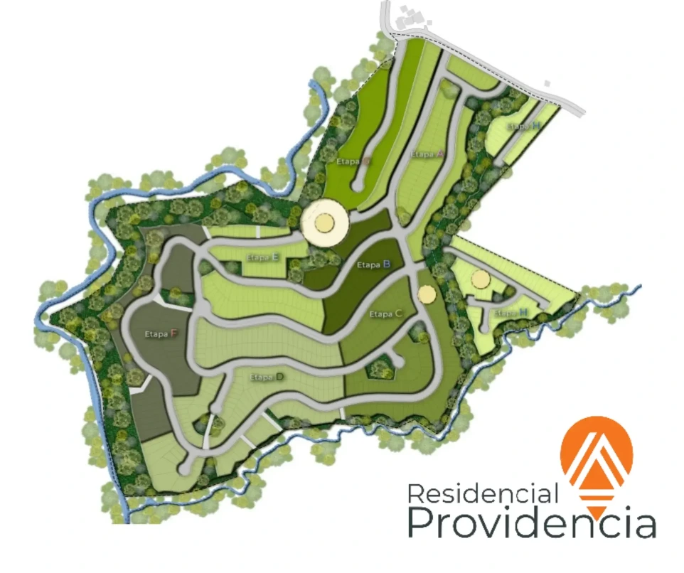 Plano maestro de Residencial Providencia, con un diseño curvilíneo y amplias áreas verdes.