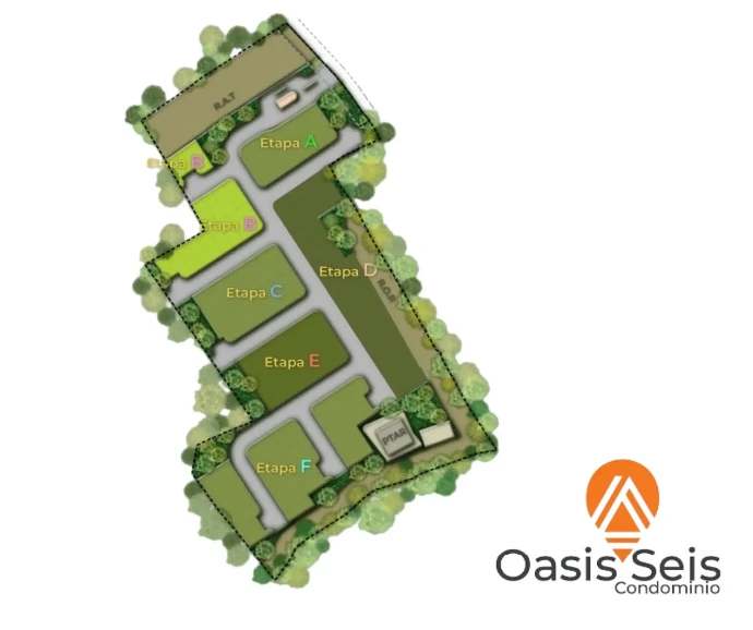 Plano de Oasis Seis Condominio, detallando los bloques de viviendas y las zonas comunes.