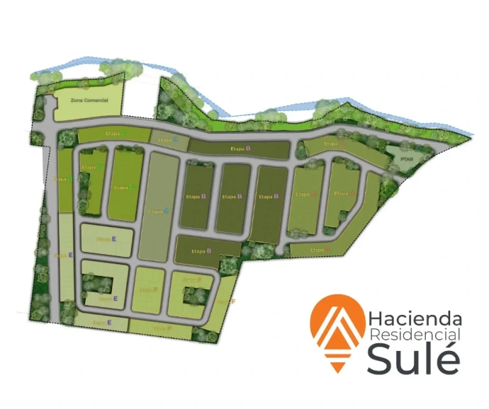 Plano general de Hacienda Residencial Sulé, mostrando las diferentes etapas y el área comercial.